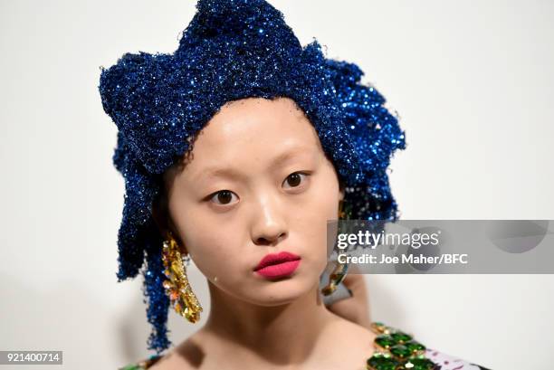 Model backstage ahead of the Richard Quinn show during London Fashion Week February 2018 at BFC Show Space on February 20, 2018 in London, England.