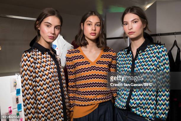Models backstage ahead of the A by Jigsaw Presentation during London Fashion Week February 2018 at St James Emporium on February 20, 2018 in London,...