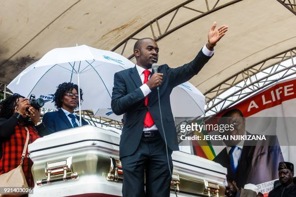 Acting president of the Movement for Democratic Change party, Nelson Chamisa, gives a speech on February 20 during the burial of Zimbabwe's iconic...