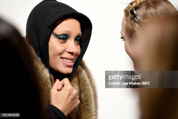 Adwoa Aboah backstage ahead of the Richard Quinn show during London Fashion Week February 2018 at BFC Show Space on February 20, 2018 in London,...