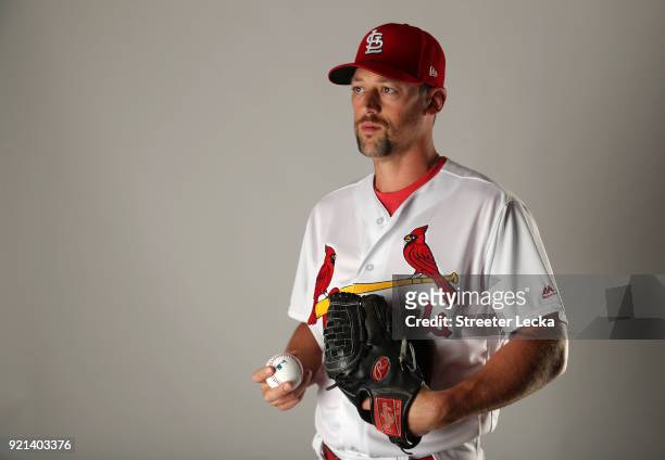 Luke Gregerson of the St. Louis Cardinals poses for a portrait at Roger Dean Stadium on February 20, 2018 in Jupiter, Florida.
