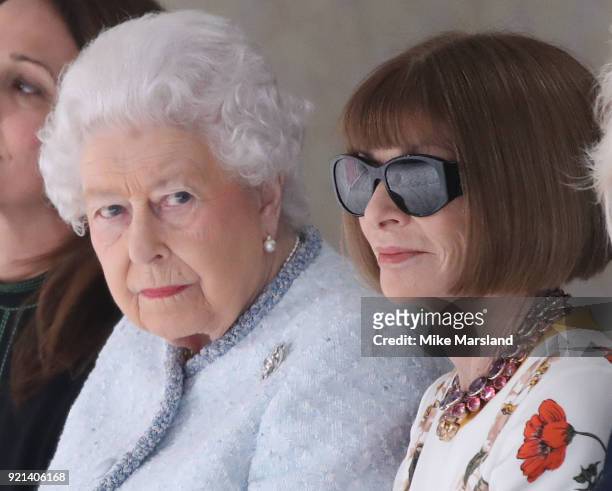Queen Elizabeth II attends the Richard Quinn show with Conde Nast Artistic Director Anna Wintour during London Fashion Week February 2018 at BFC Show...
