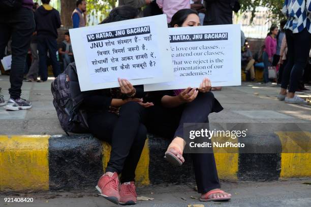 Jawarharlal Nehru University students gather to march towards Ministry of Human Resource Development in protest to demand removal of their university...