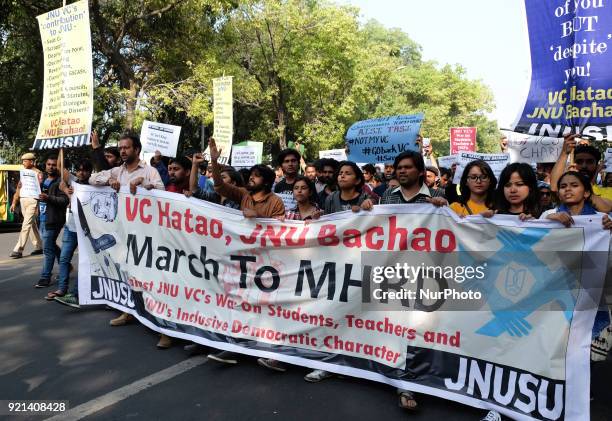 Jawarharlal Nehru University students march towards Ministry of Human Resource Development in protest against their university Vice Chancellor...