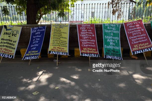 Placards criticizing actions of the Jawaharlal Nehru University Vice Chancellor Jagadesh Kumar lie alongside a road where JNU students gather to...