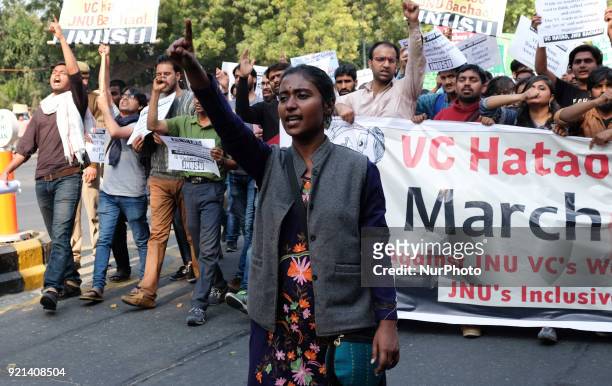Jawarharlal Nehru University students gather to march towards Ministry of Human Resource Development in protest against their university Vice...