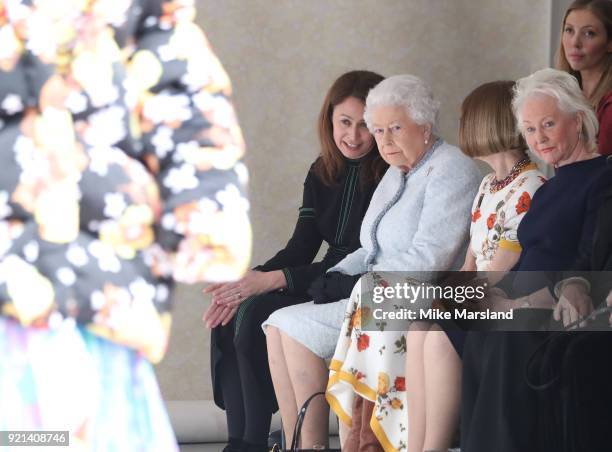 Queen Elizabeth II attends the Richard Quinn show during London Fashion Week February 2018 at BFC Show Space on February 20, 2018 in London, England.