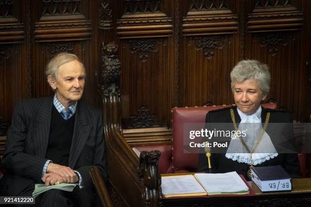 Lord Tyler sits next to Sarah Clarke as she is introduced as the new Black Rod to the House of Lords on February 20, 2018 in London, United Kingdom....