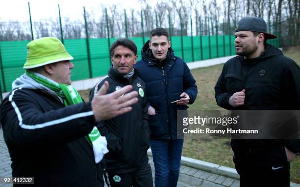 Bruno Labbadia , new head coach of Wolfsburg, chats with fans after a training session of VfL Wolfsburg at Volkswagen Arena on February 20, 2018 in...