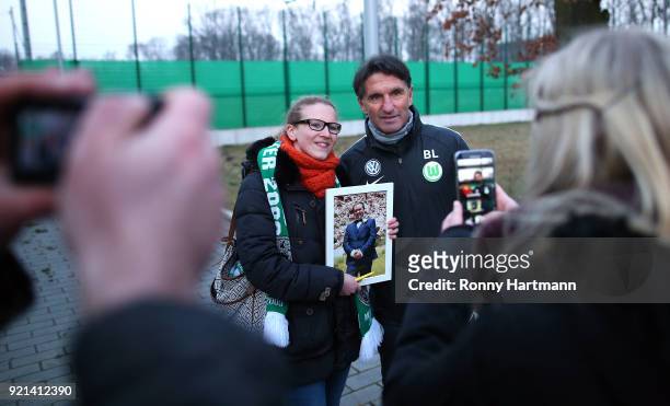 Bruno Labbadia, new head coach of Wolfsburg poses for pictures with fans after a training session of VfL Wolfsburg at Volkswagen Arena on February...