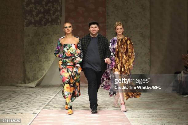 Designer Richard Quinn and models Adwoa Aboah and Jean Campbell are seen on the runway at the Richard Quinn show during London Fashion Week February...