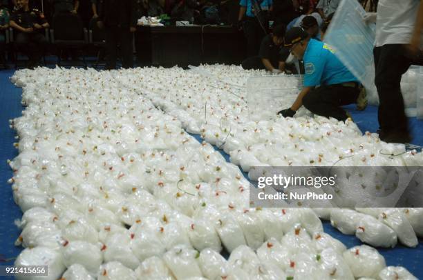 National Narcotics Boarding showed 1.037 tons of evidence crystal meth as evidence title in, Jakarta, In February, 20.2018. Indonesian Navy National...