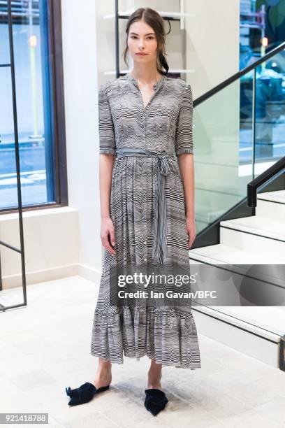 Model poses at the A by Jigsaw Presentation during London Fashion Week February 2018 at St James Emporium on February 20, 2018 in London, England.