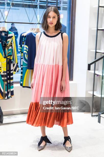 Model poses at the A by Jigsaw Presentation during London Fashion Week February 2018 at St James Emporium on February 20, 2018 in London, England.