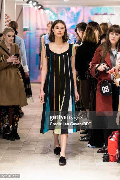 Model poses at the A by Jigsaw Presentation during London Fashion Week February 2018 at St James Emporium on February 20, 2018 in London, England.