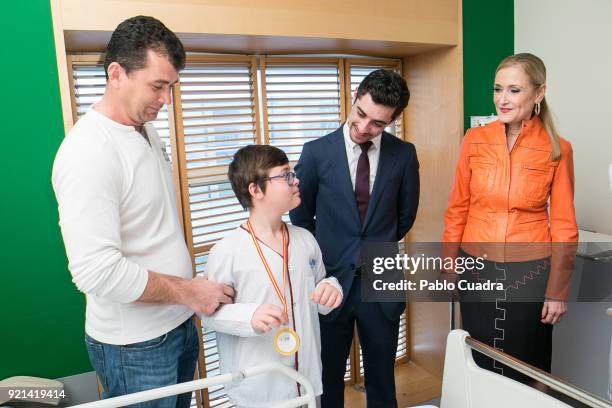 Cristina Cifuentes and figure skater Javier Fernandez visit the Gregorio Maranon Hospital to celebrate with children his bronze medal on February 20,...