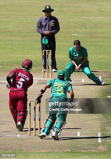 Charlize van der Westhuizen from South Africa takes a catch to dismiss Deandra Dottin from West Indies during the third one day international Women's...