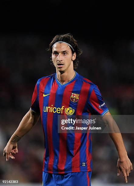 Zlatan Ibrahimovic of FC Barcelona looks on during the UEFA Champions League group F match between FC Barcelona and FC Rubin Kazan at the Camp Nou...