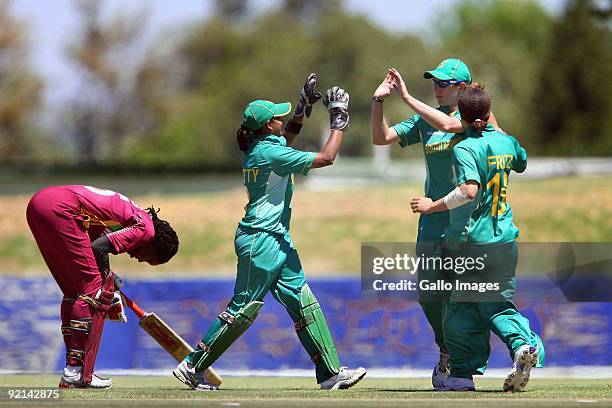 Stacy Ann King from West Indies looks dejected after being run out by South Africa during the third one day international Women's cricket match...