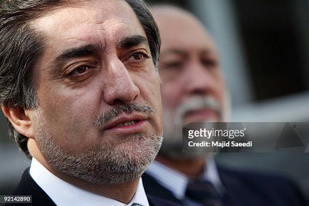 Afghanistan presidential election candidate Abdullah Abdullah gestures as he addresses a press conference at his residence on October 21, 2009 in...