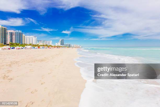 south beach in miami with white sand, clear turquoise sea and blue sky, miami, florida, usa - miami beach fotografías e imágenes de stock