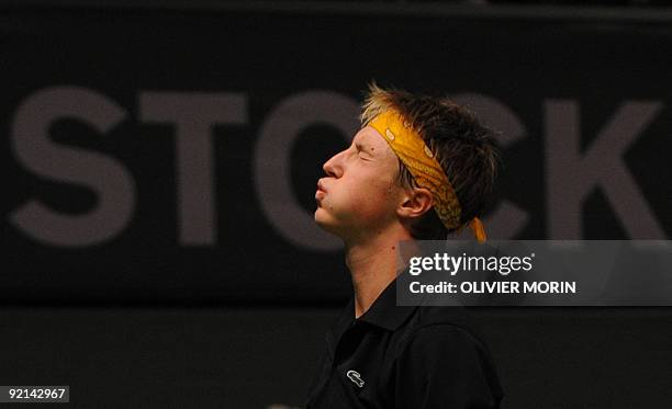 Finland's Henri Kontinen gestures during his match against Michael Berrer of Germany in Stockholm on October 20, 2009 during the second day of the...