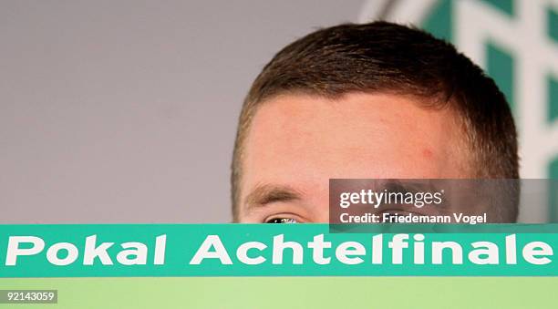 Lukas Podolski of FC Koeln poses after drawing the Women's DFB Cup round of sixteen matches during the DFB press conference for the Women's DFB Cup...