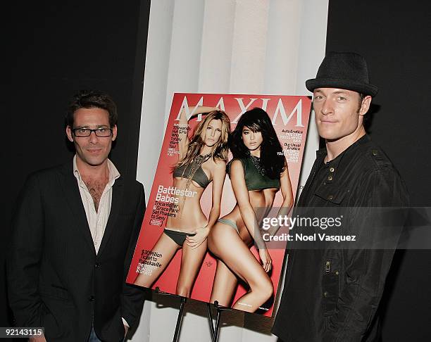 James Callis and Tahmoh Penikett attend Tricia Helfer's Maxim Cover Party hosted by SBE at Mi-6 Night club on October 20, 2009 in West Hollywood,...