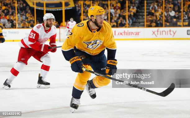 Anthony Bitetto of the Nashville Predators skates against the Detroit Red Wings during an NHL game at Bridgestone Arena on February 17, 2018 in...