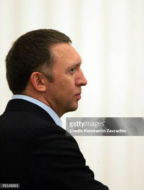 Russian businessman and billionaire Oleg Deripaska looks on prior to attending a meeting amongst other business leaders with President Dmitry...