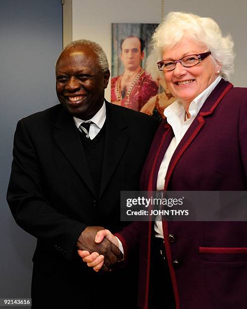 Agriculture commissioner Mariann Fischer Boel welcomes Food and Agriculture Organization head Jacques Diouf on October 21, 2009 before their meeting...