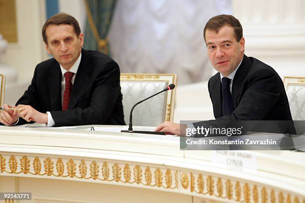 Russian President Dimitry Medvedev and Chief of Presidential Staff Sergei Naryshkin attend a meeting with Russian business leaders at the Kremlin on...