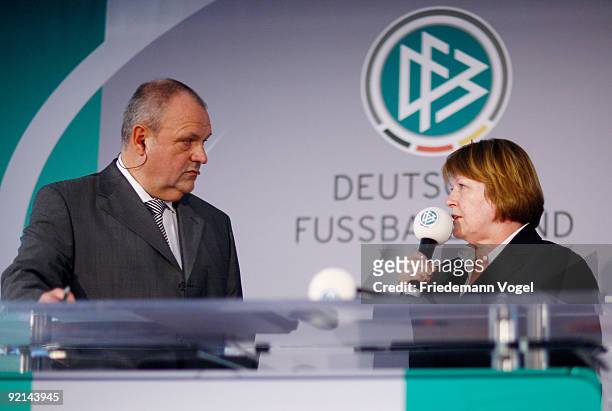 Hannelore Ratzeburg , Vice-president women and girls football of German Football Federation DFB and DFB spokesman Harald Stenger speak before the...