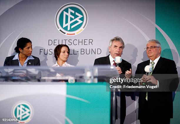 Steffi Jones, Inka Grings, mayor of Cologne Juergen Roters and Theo Zwanziger, president of the German Football Association DFB attend the DFB press...