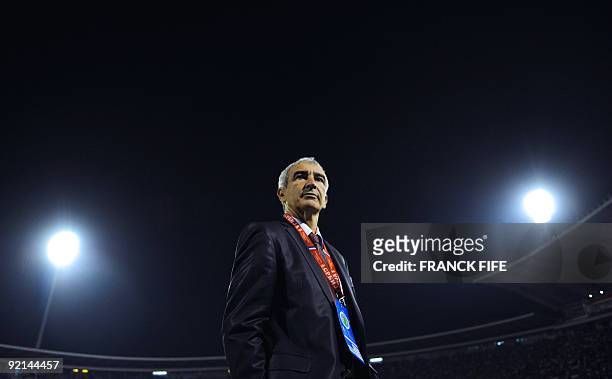 French coach Raymond Domenech waits for the beginning of the World Cup 2010 qualifying football match Serbia vs. France at the Marakana Stadium, on...