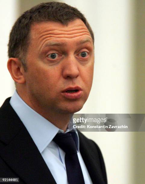 Russian businessman and billionaire Oleg Deripaska looks on prior to attending a meeting amongst other business leaders with President Medvedev at...