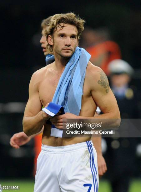 Andriy Shevchenko of FC Dynamo Kyiv with jersey of FC Inter Milan on his shoulder after the UEFA Champions League matchday 3 Group F match between FC...