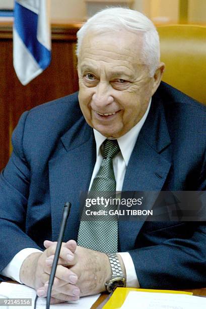 Israeli Prime Minister Ariel Sharon smiles during the weekly cabinet meeting in his Jerusalem office 28 October 2001. Israeli troops which were...