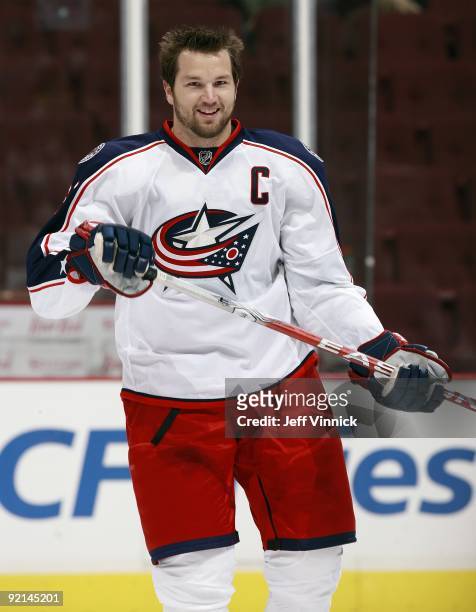 Rick Nash of the Columbus Blue Jackets skates to the bench during their game against the Vancouver Canucks at General Motors Place on October 5, 2009...