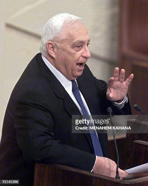 Israeli Prime Minister Ariel Sharon speaks during the opening of the winter parliament session 15 October 2001, in Jerusalem. The US-led war against...