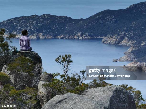 woman looking into thouin bay, freycinet national park, tasmania - freycinet stock-fotos und bilder