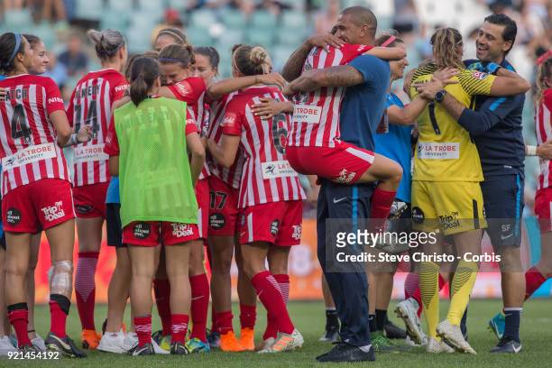 Patrick Kisnorbo coach of Melbourne City celebrates winning the W-League Grand Final with Yukari Kinda during the match between the Sydney FC and the...