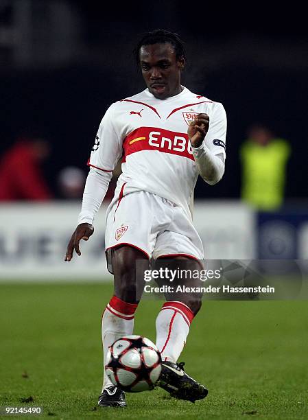 Arthur Boka of Stuttgart runs with the ball during the UEFA Champions League Group G match between VfB Stuttgart and Sevilla FC at the Mercedes-Benz...