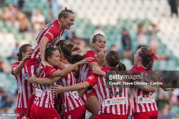 Melbourne City players celebrates after winning the W-League Grand Final match between the Sydney FC and the Melbourne City at Allianz Stadium on...