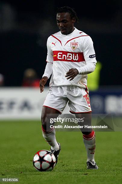 Arthur Boka of Stuttgart runs with the ball during the UEFA Champions League Group G match between VfB Stuttgart and Sevilla FC at the Mercedes-Benz...