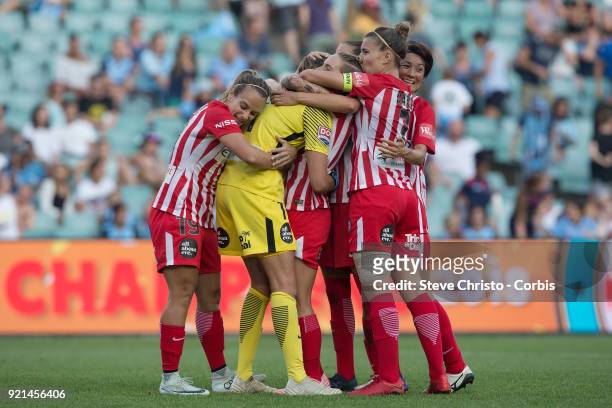 Melbourne City players celebrates after winning the W-League Grand Final match between the Sydney FC and the Melbourne City at Allianz Stadium on...