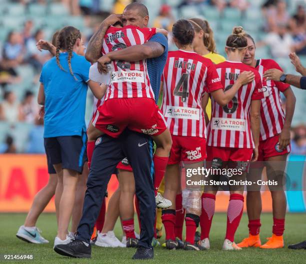 Patrick Kisnorbo coach of Melbourne City celebrates winning the W-League Grand Final with Yukari Kinda during the match between the Sydney FC and the...