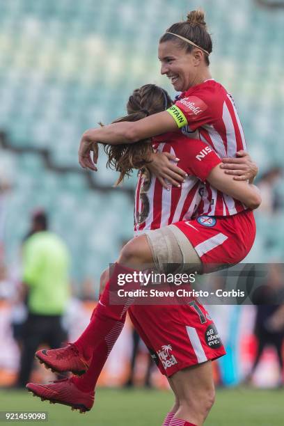 Stephanie Catley of the Melbourne City celebrates with teammate Rebekah Stott after winning the W-League Grand Final match between the Sydney FC and...