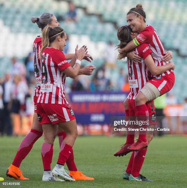 Stephanie Catley of the Melbourne City celebrates with teammate Rebekah Stott after winning the W-League Grand Final match between the Sydney FC and...