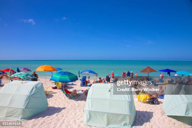 cabana beds on beach near blue water and sky in naples, florida - naples beach stockfoto's en -beelden